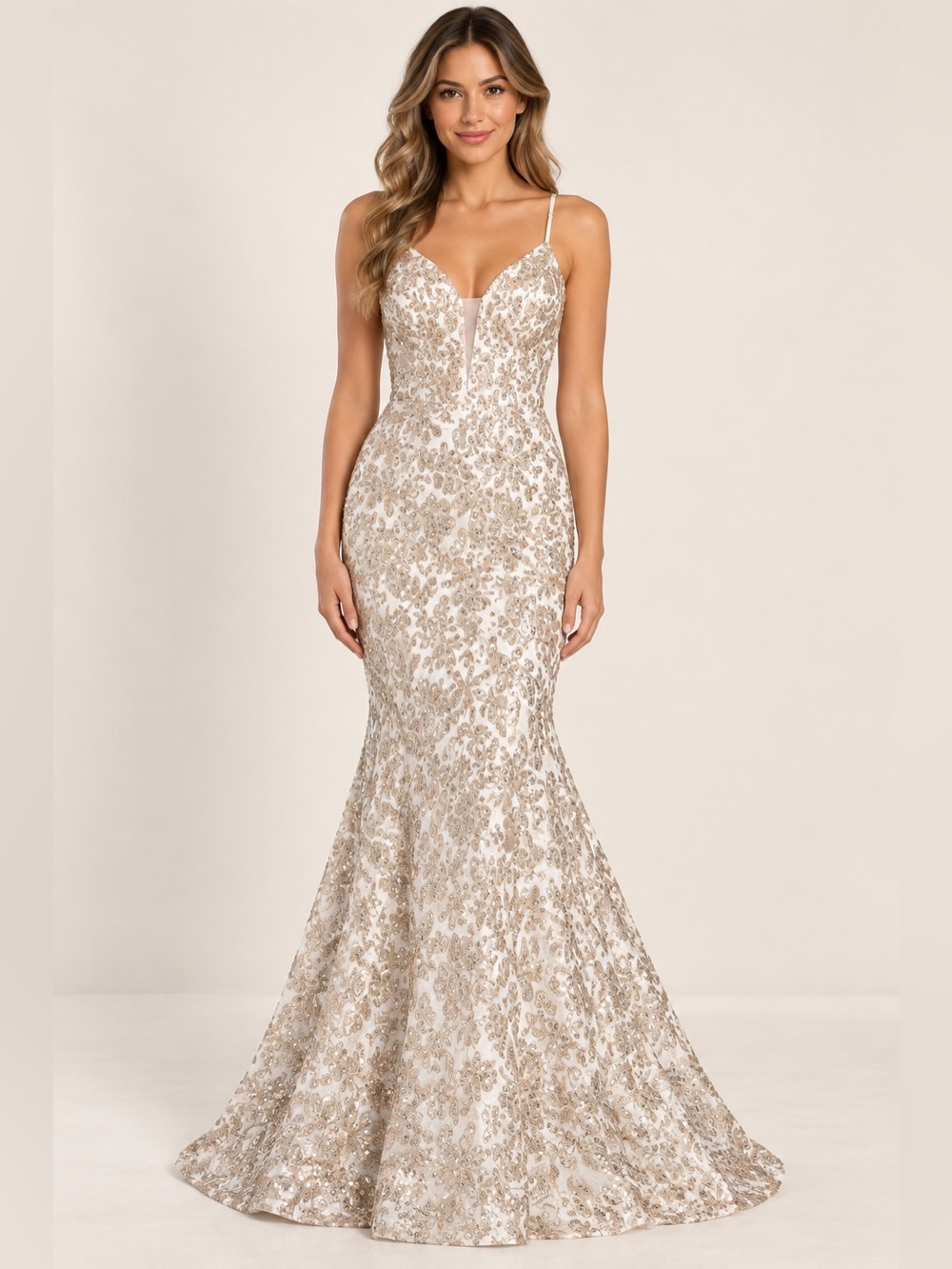 City Studio Gold Sequin Mermaid Formal Gown Ivory Size 1/2